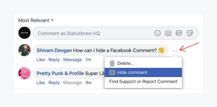 Hiding a comment on Facebook
