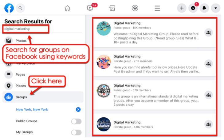 Screenshot of Facebook's search option for groups