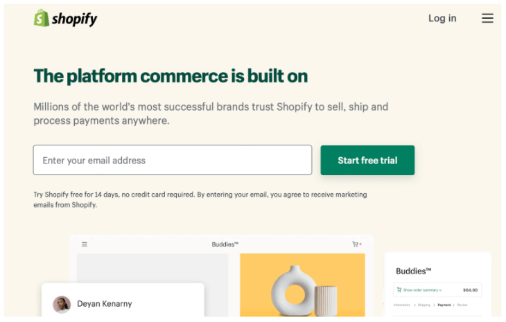 Screenshot of Shopify's home page