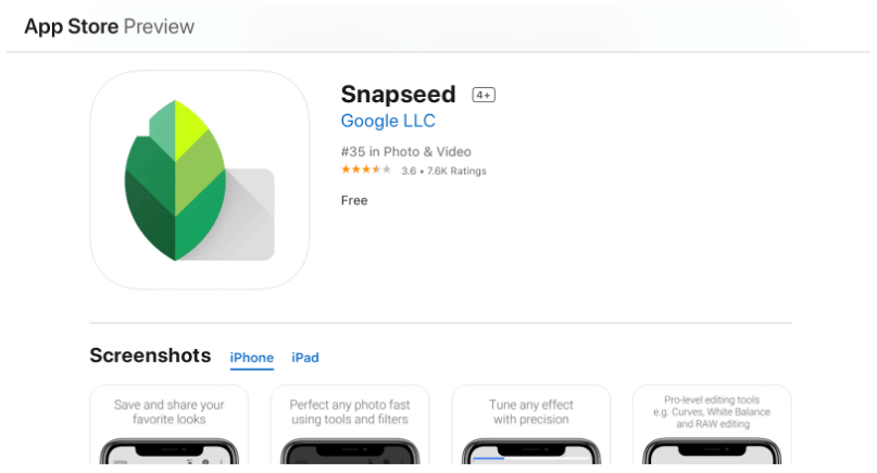 Screenshot of Snapseed's app page