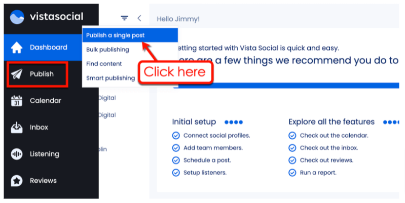 Screenshot of Vista Social's Publish a single post option