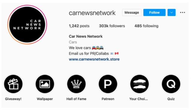 Screenshot of Car News Network's Instagram account