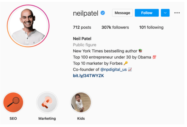 Screenshot of Neil Patel’s Instagram account