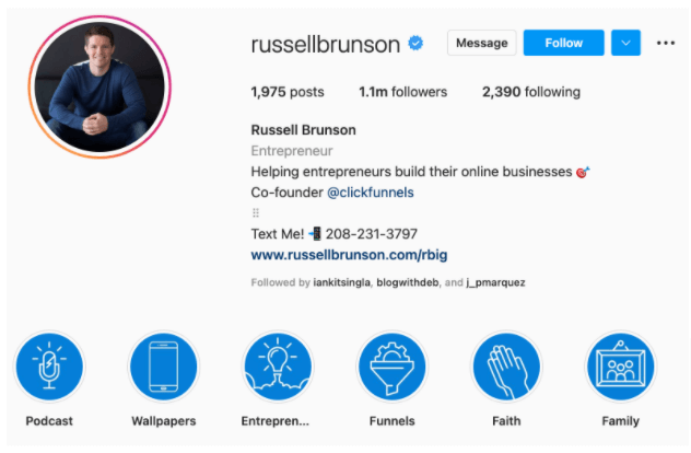 Screenshot of Russell Brunson's Instagram account