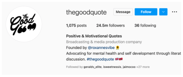 Screenshot of The Good Quote's Instagram account
