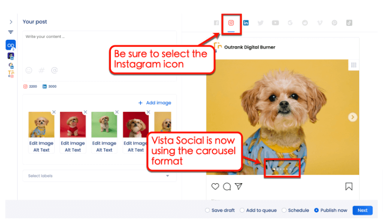 Screenshot if Vista Social's Instagram carousel format