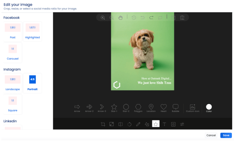 Screenshot if Vista Social's built-in image editor