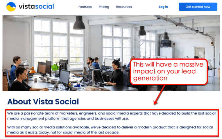 Screenshot of Vista Social's about page