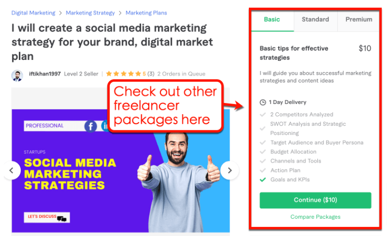 Captura de tela dos pacotes Freelancer do Fiverr