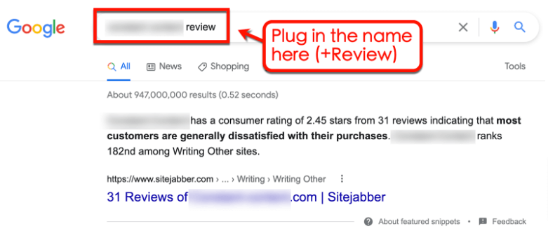 Screenshot of a Google search for reviews