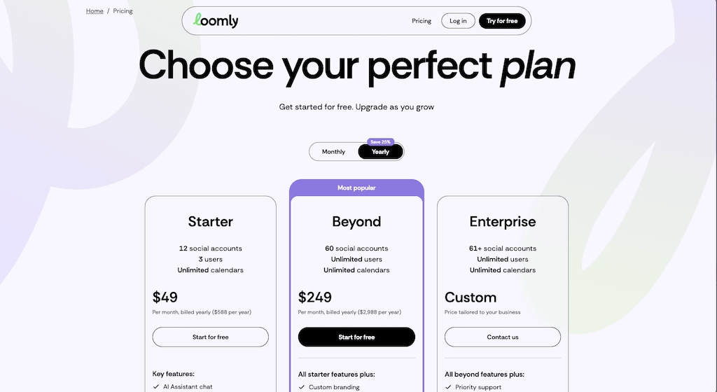 The pricing plan selection page for Loomly outlining Starter, Beyond, and Enterprise subscription tiers.