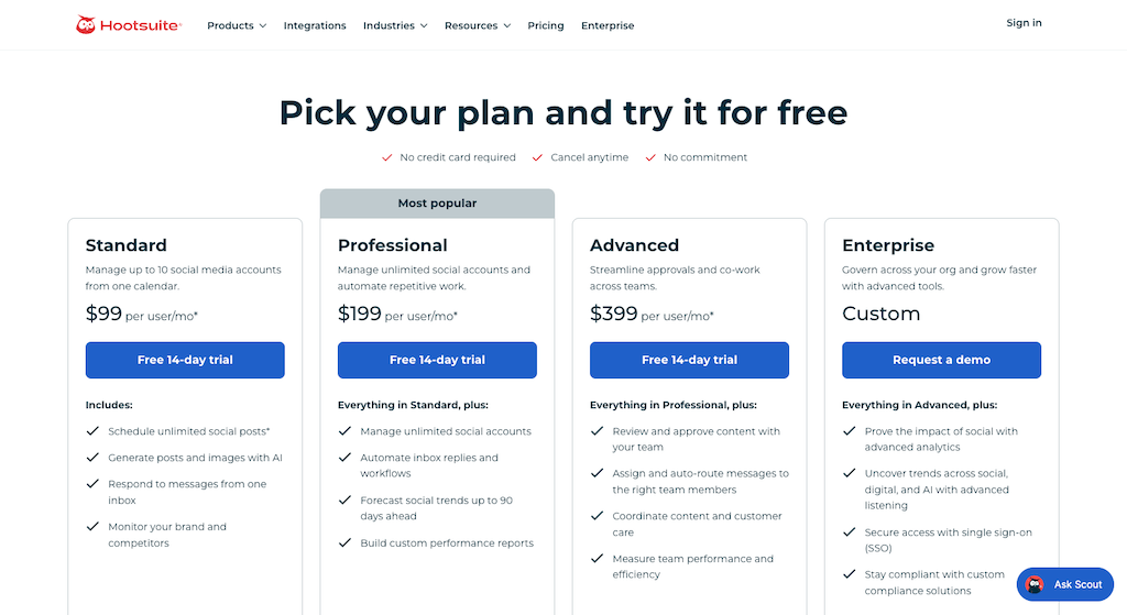 The pricing plan selection page for Hootsuite detailing Standard, Professional, Advanced, and Enterprise tiers.
