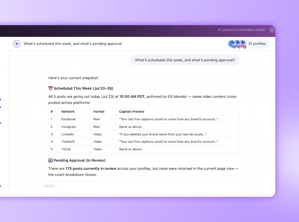 An Ask Vista chat conversation window generating a weekly scheduled post snapshot and pending approval status report table.