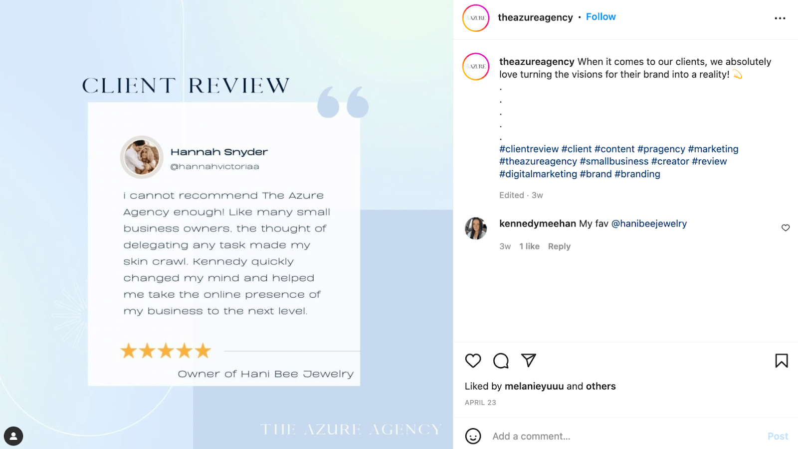 Screenshot of The Azure Agency's Instagram