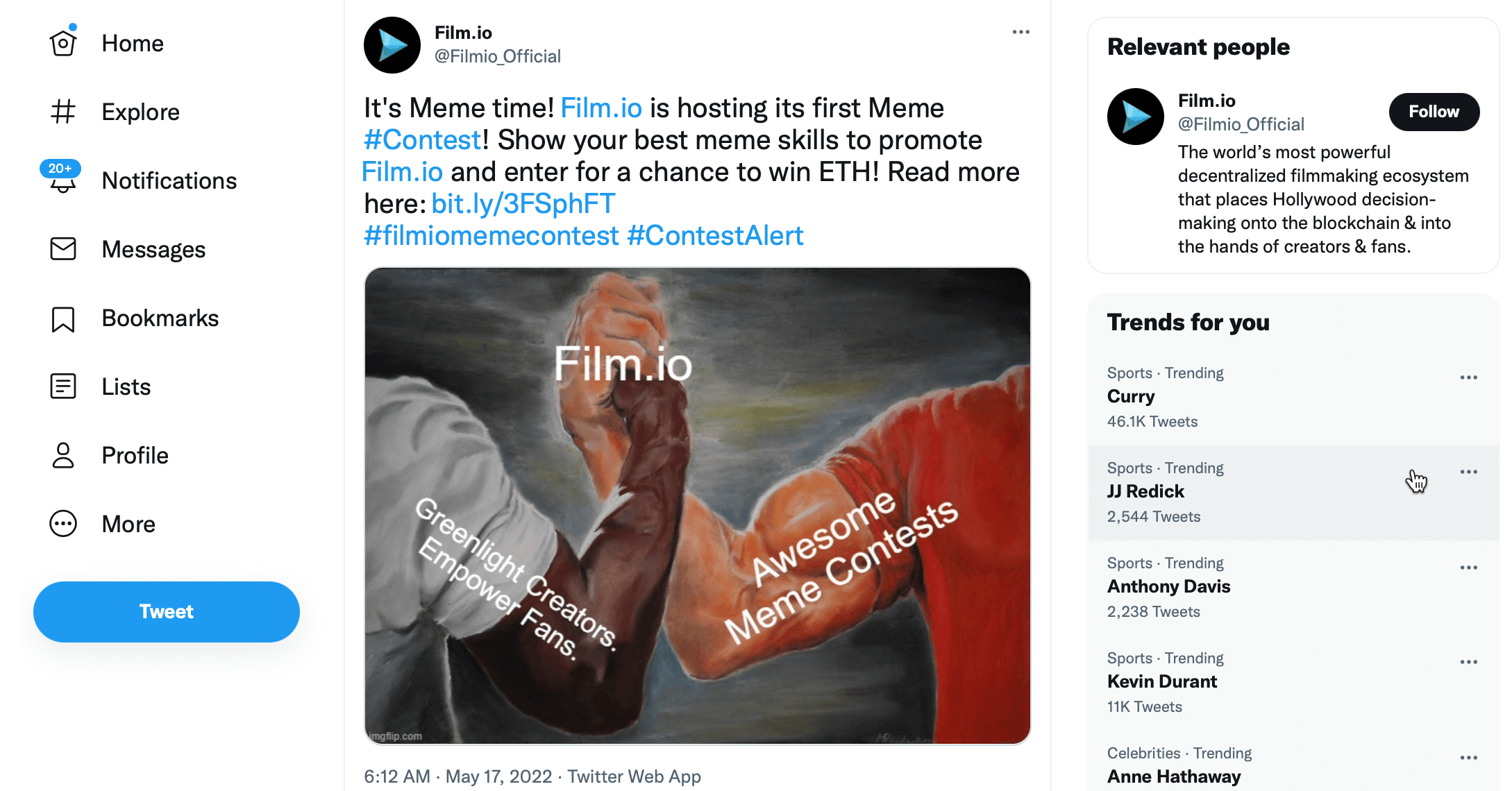 Screenshot of Film.io Twitter Contest