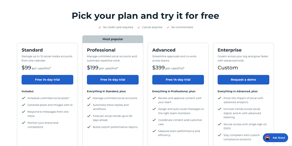 The pricing plan selection page for Hootsuite detailing Standard, Professional, Advanced, and Enterprise tiers.