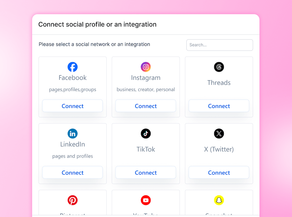 The connection modal menu in Vista Social featuring options to integrate social networks like Facebook, Instagram, LinkedIn, and TikTok.