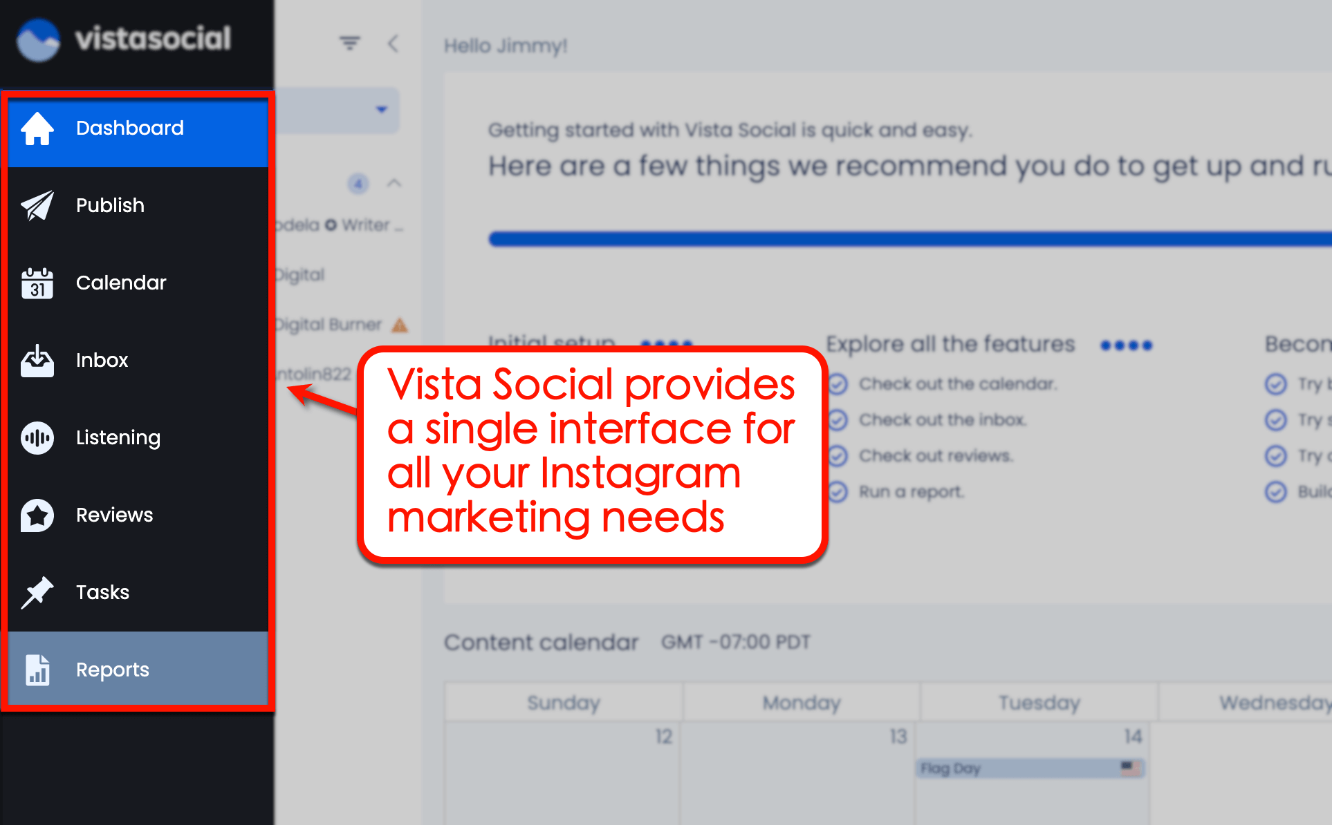 Screenshot of Vista Social's IG Marketing Dashboard