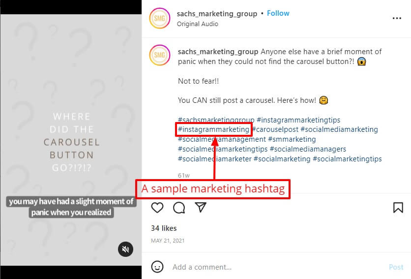 Screenshot of IG Reels hashtag for marketing-related