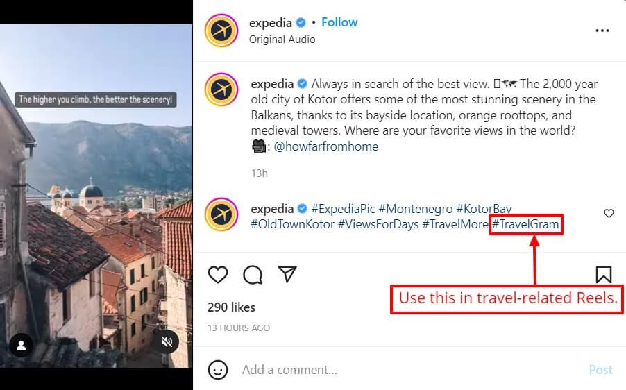 Screenshot of IG Reels hashtag for travel-related