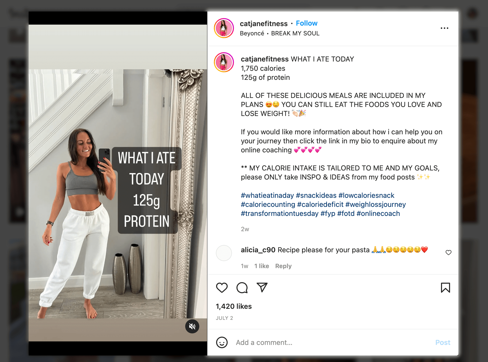 Screenshot of Marketing Instagram Reels example, What I ate today - Cat Jane