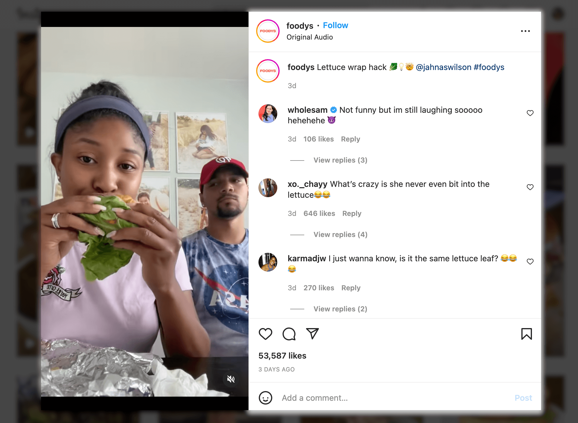 Screenshot of Marketing Instagram Reels example,  Lettuce-wrapped - Foodys
