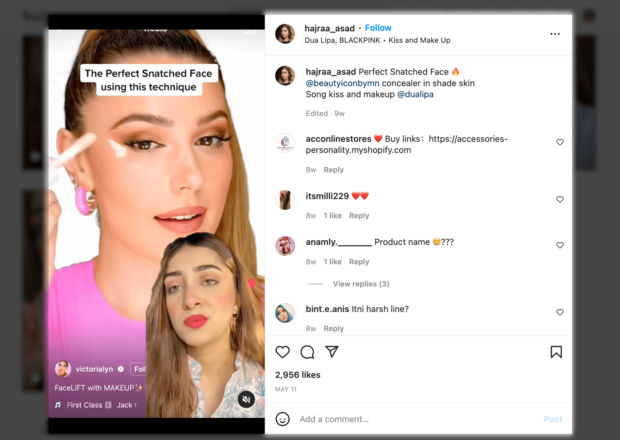 Screenshot of Marketing Instagram Reels example, Snatched face technique - Hajra Asad