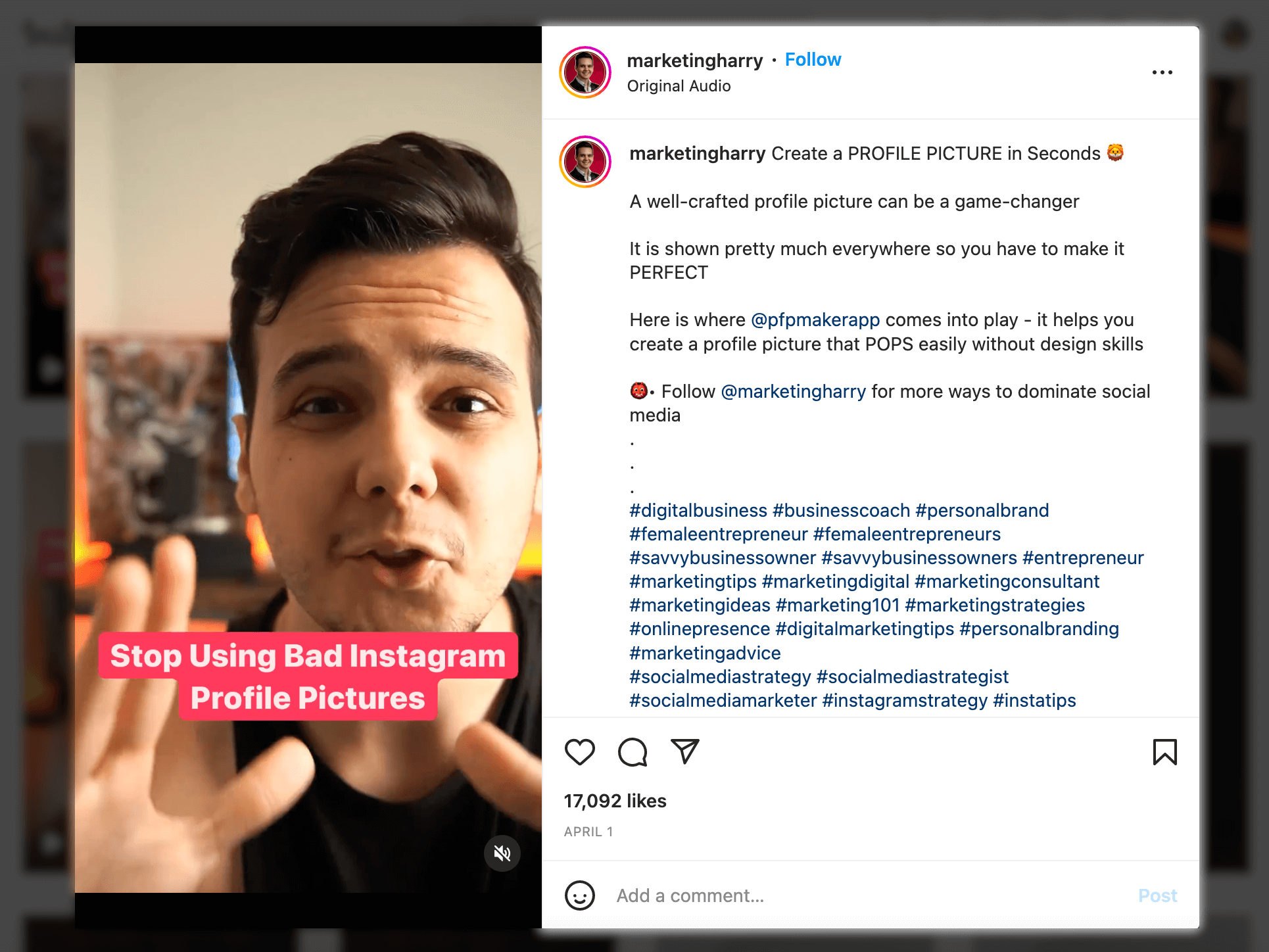 Screenshot of Marketing Instagram Reels example, Bad Instagram profile pictures - Marketing Harry