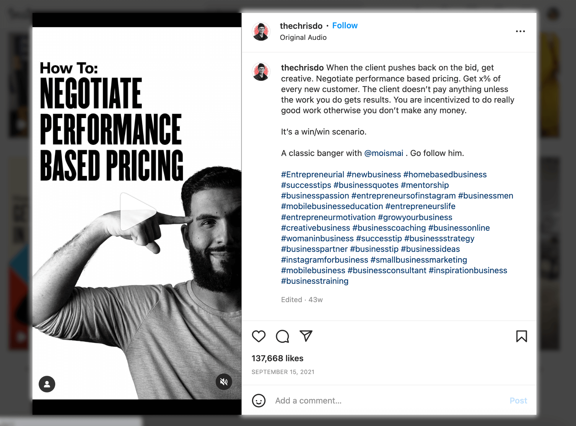 Screenshot of Marketing Instagram Reels example, Performance-based pricing - Chris Do