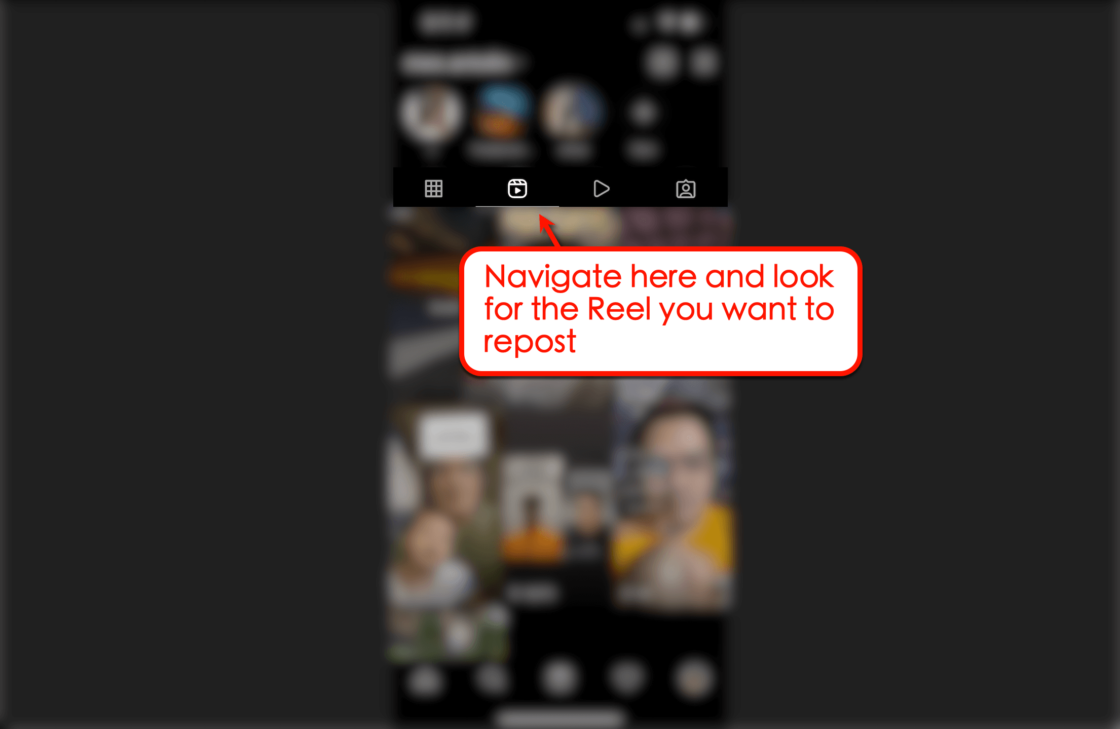 Screenshot of how to navigate IG Reel to repost