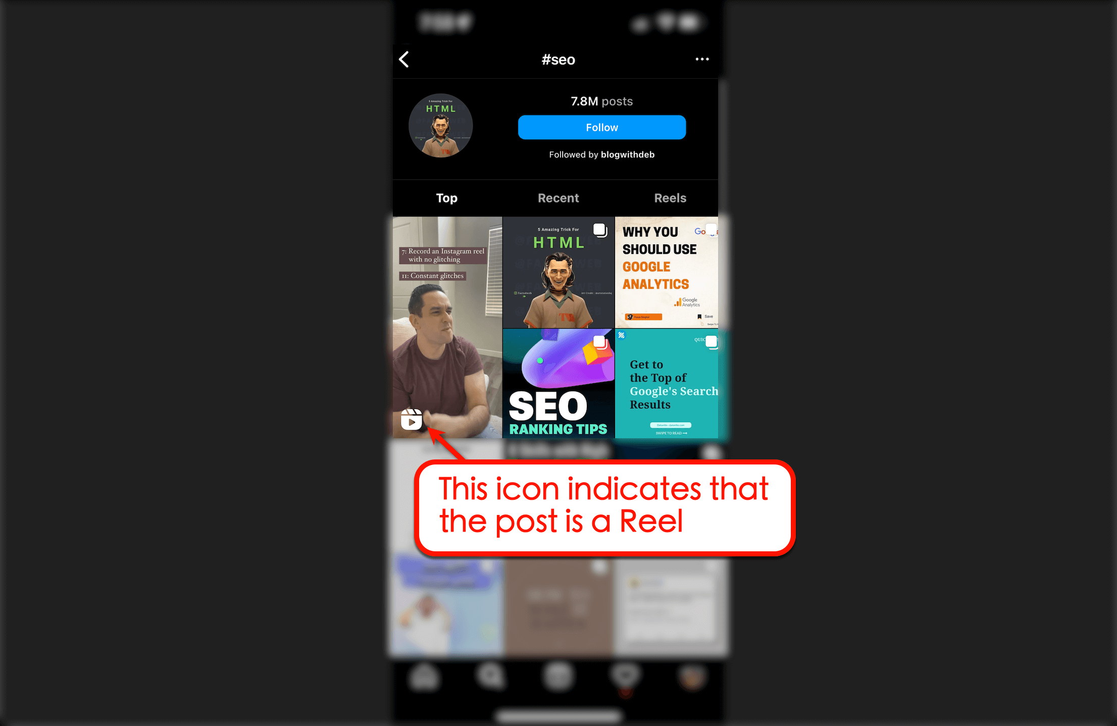 Screenshot of an icon indicating post is a reel