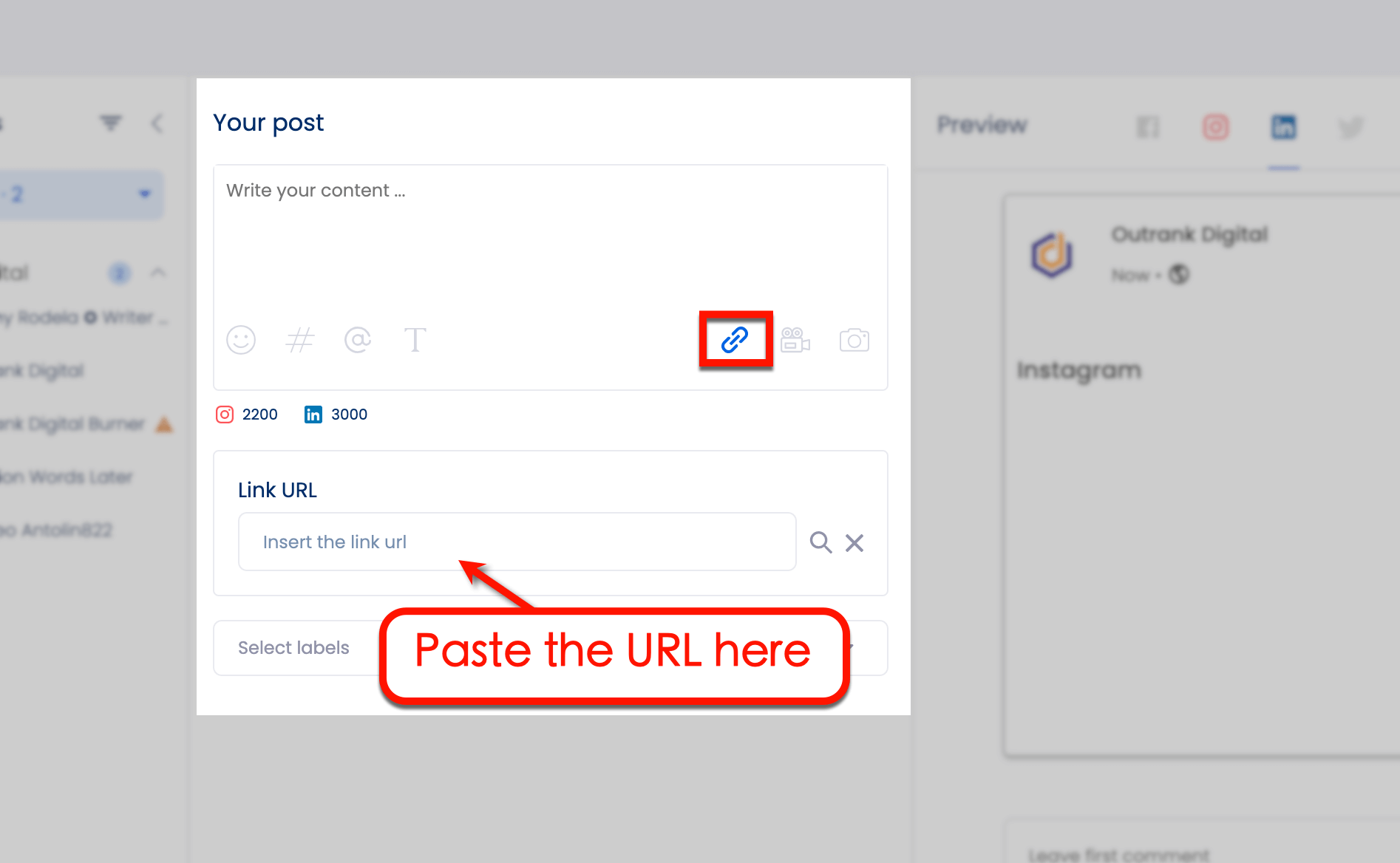 Screenshot of Vista Social's pasting URL option