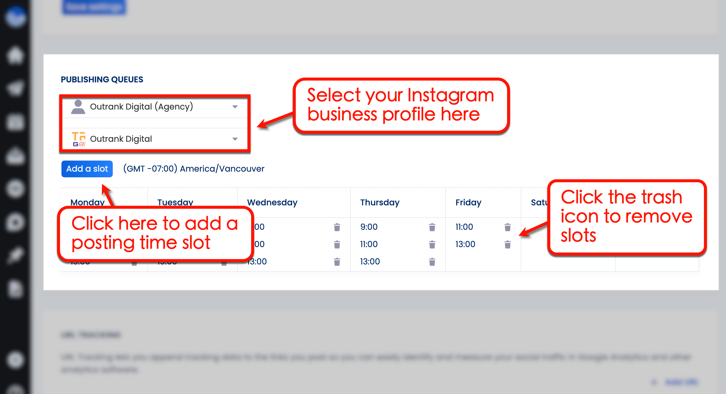 Screenshot of Vista Social's Posting time slot option