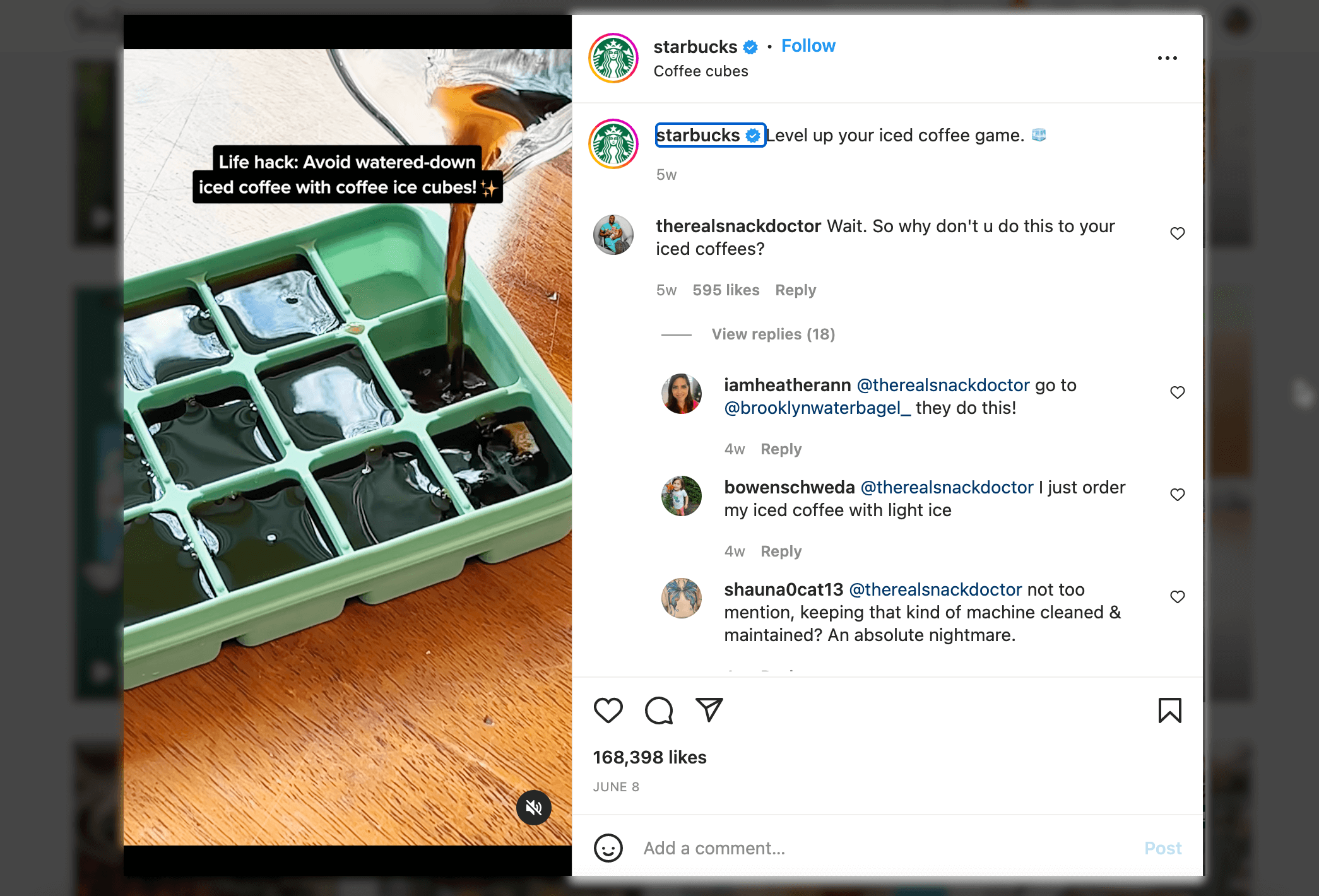 Screenshot sample of High-performing Instagram Reels @starbucks coffee cubes