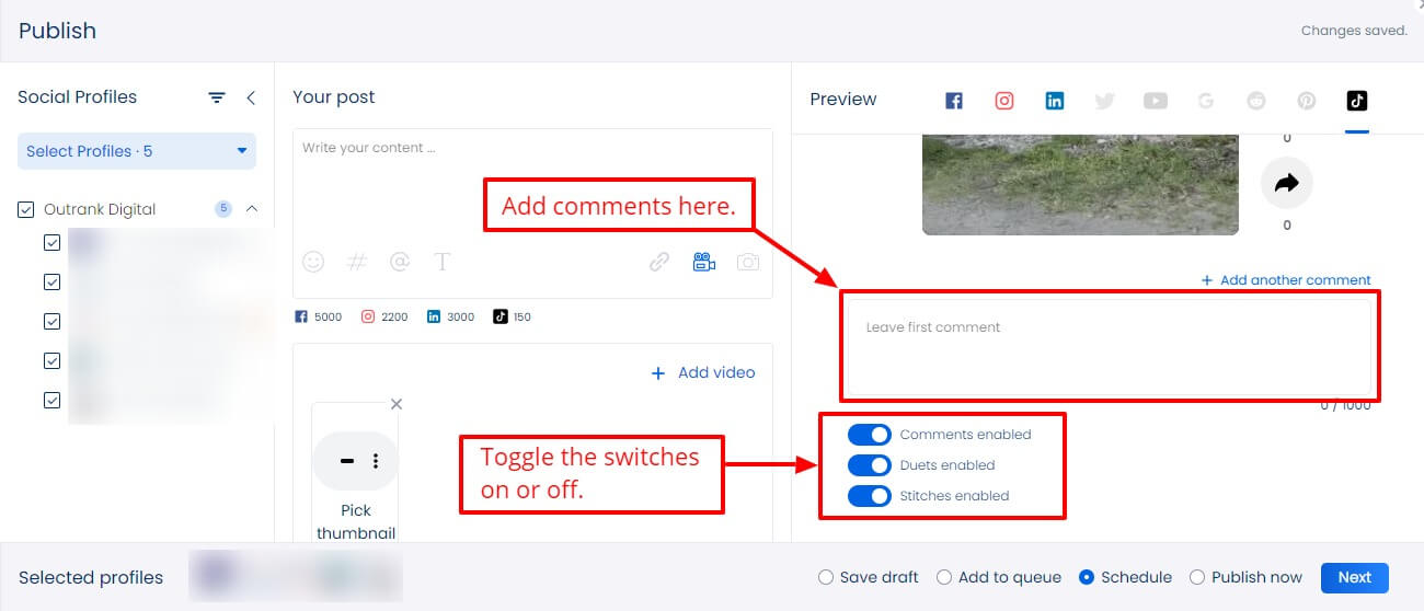 Screenshot of Vista Social's option to toggle the switches