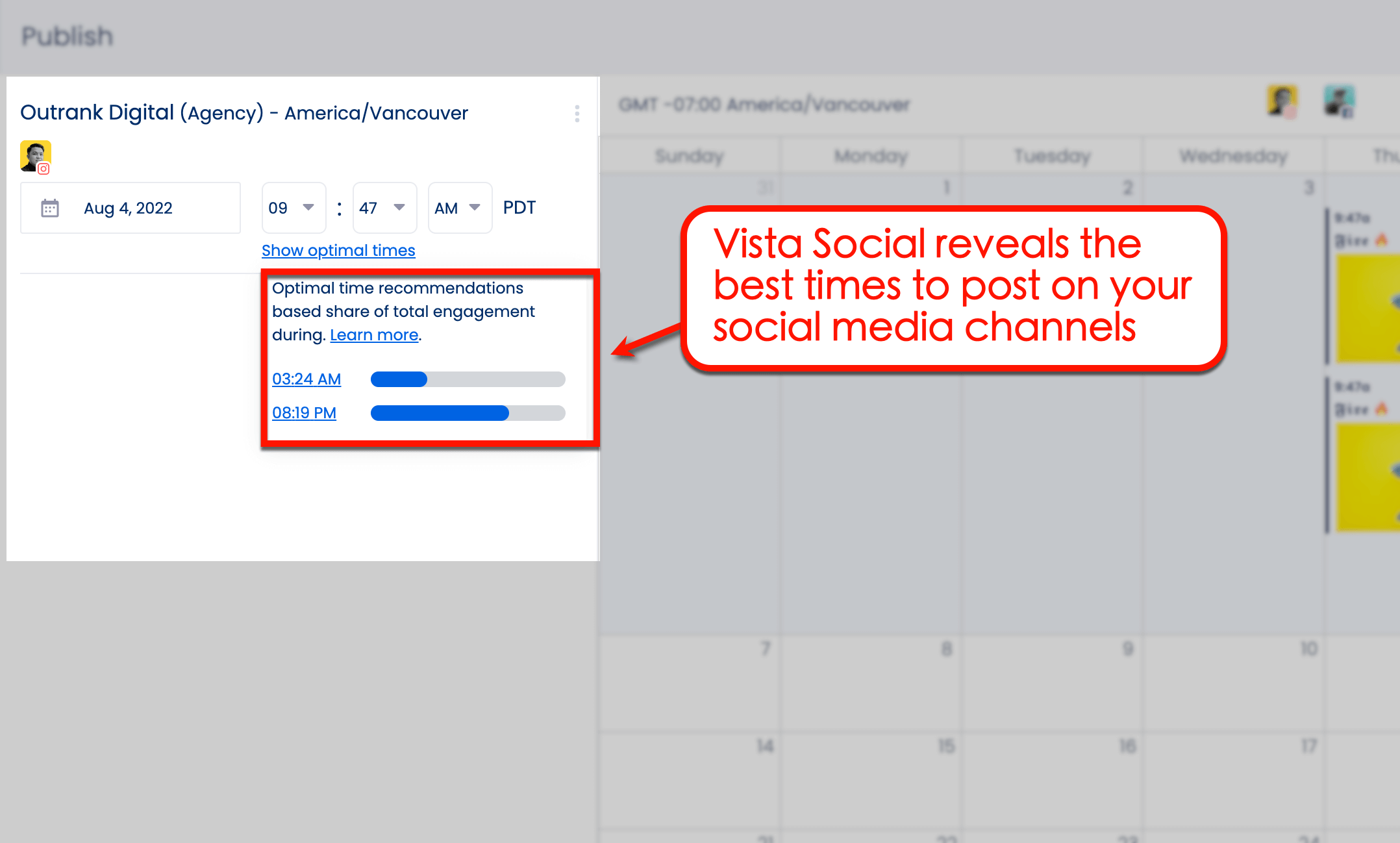 Screenshot of Vista Social's suggested best time to post