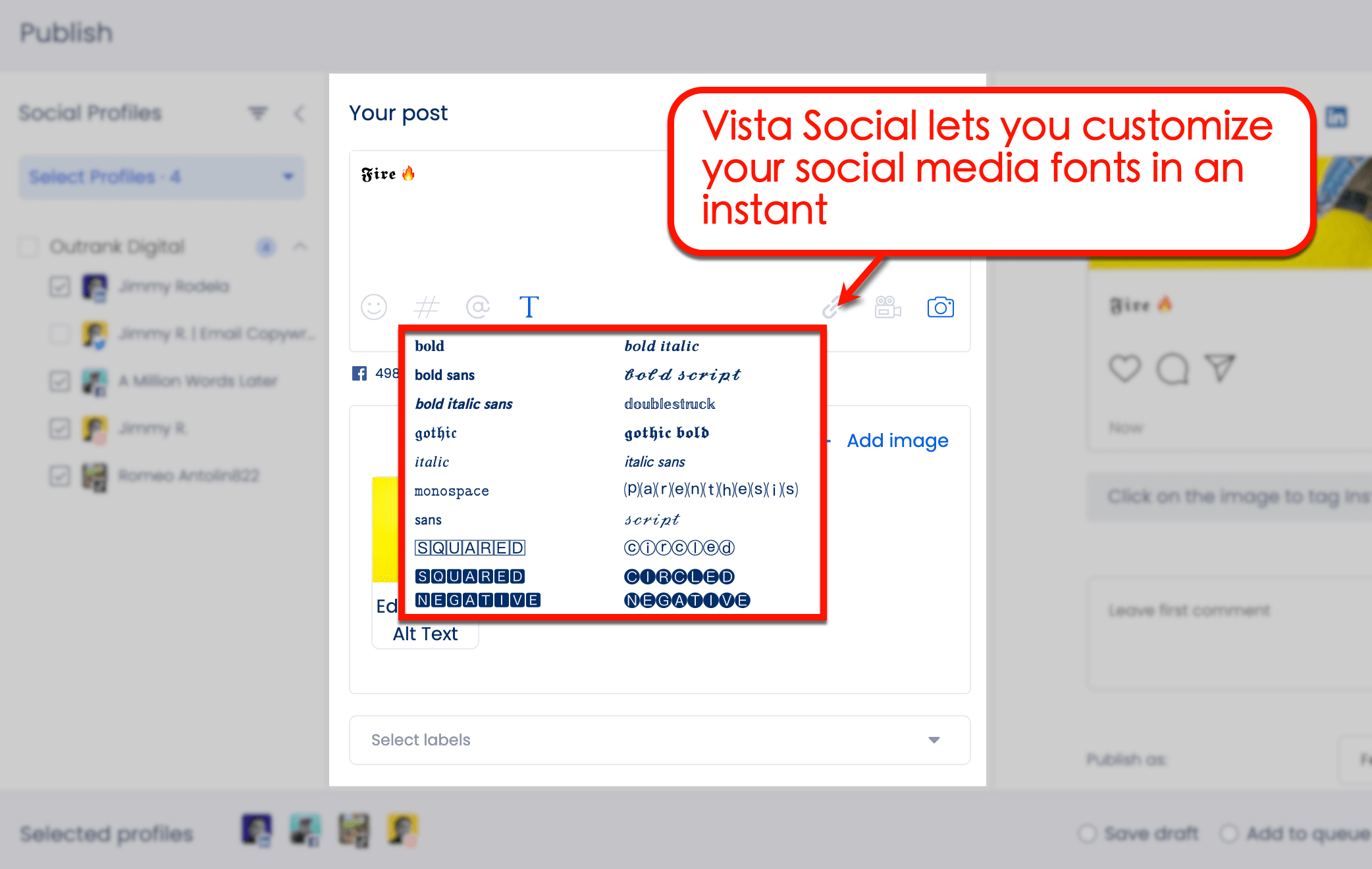 Screenshot of Vista Social's customize font option
