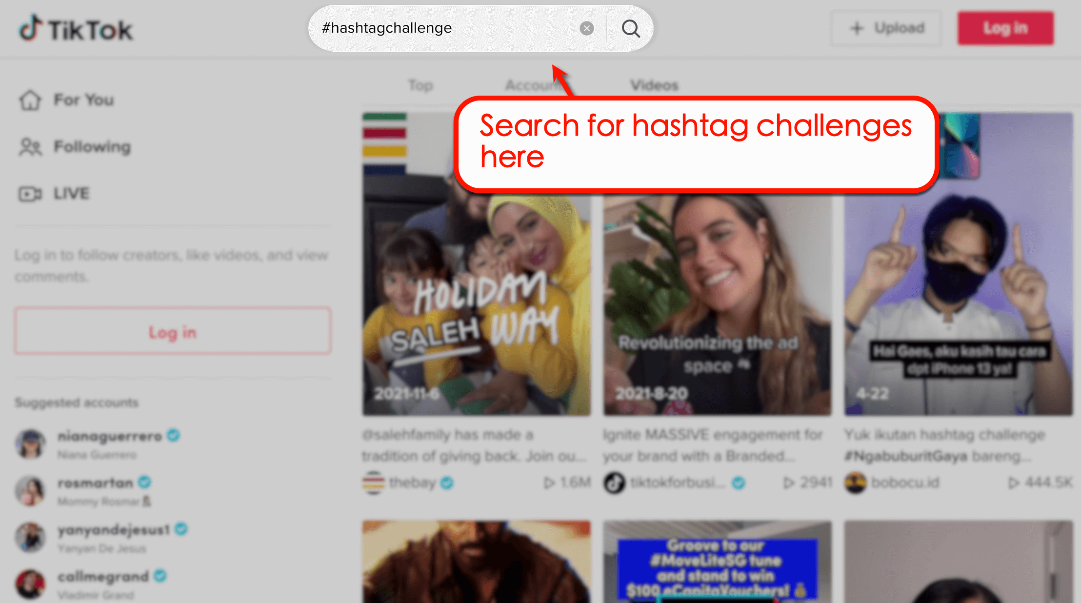 Screenshot of how to search for TikTok Hashtag challenge