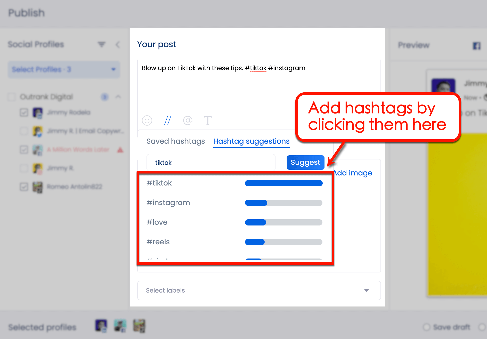 Screenshot of Vista Social's option to add Hashtags