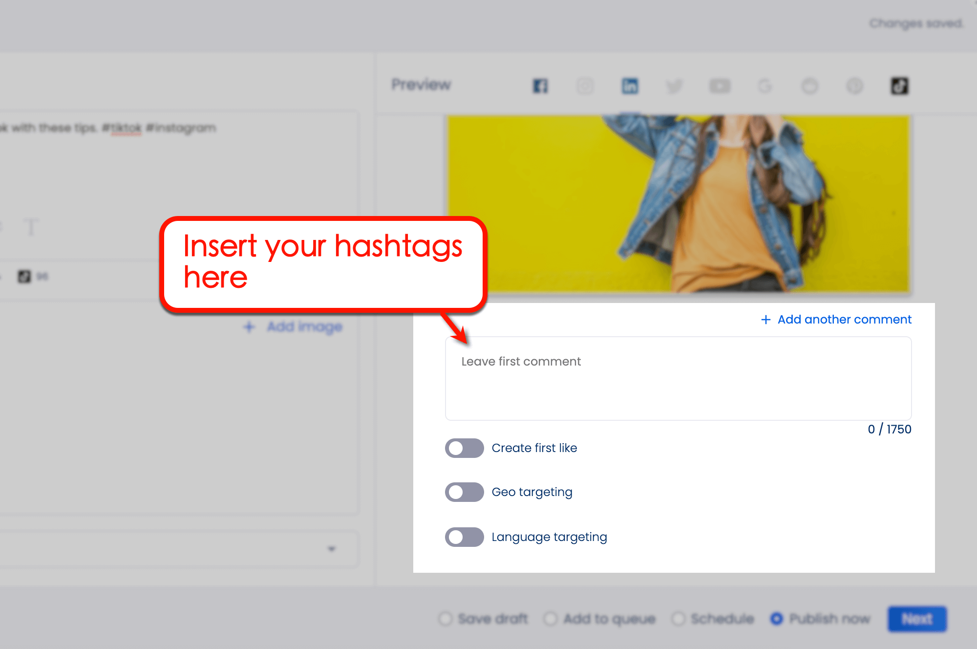 Screenshot of Vista Social's option to insert Hashtags