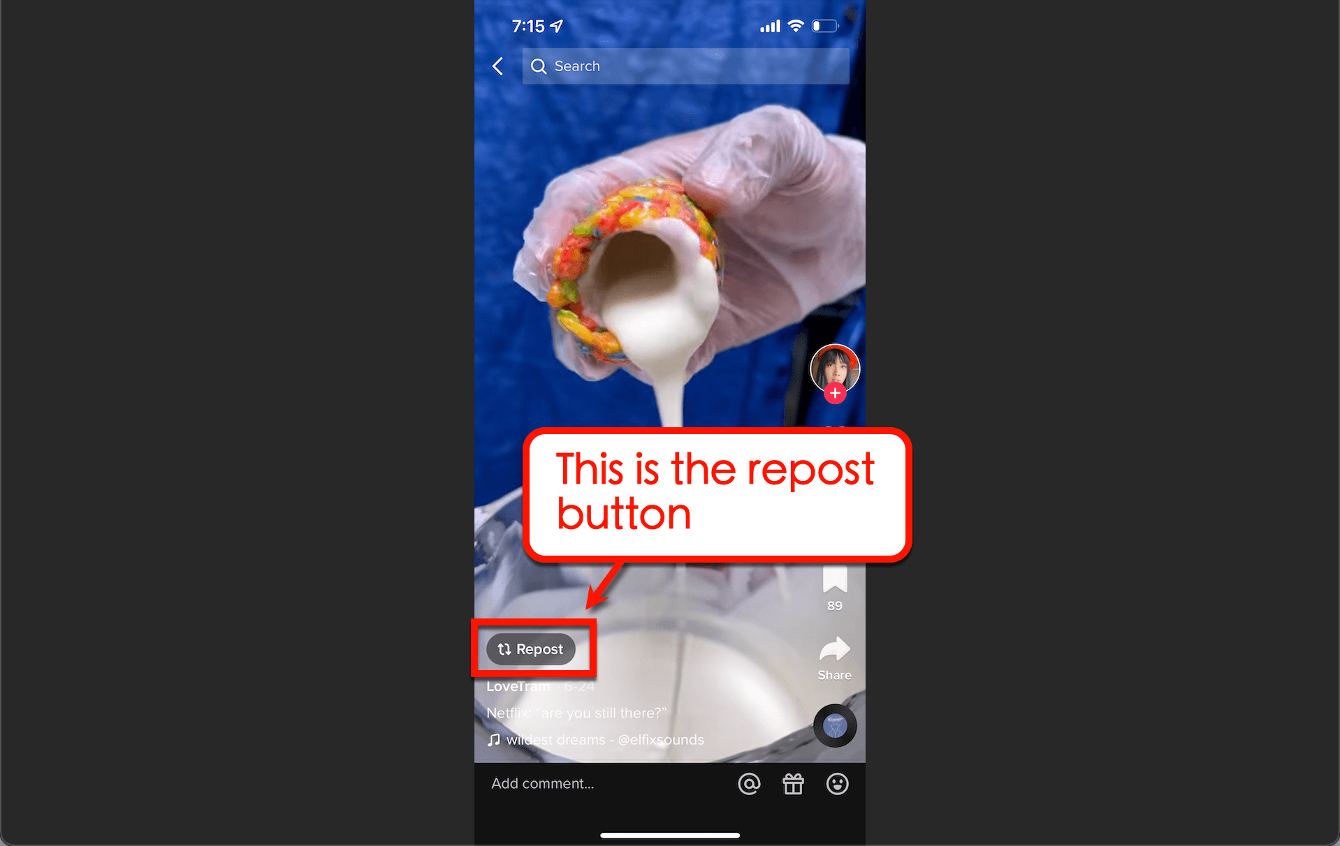Screenshot of TikTok repost button