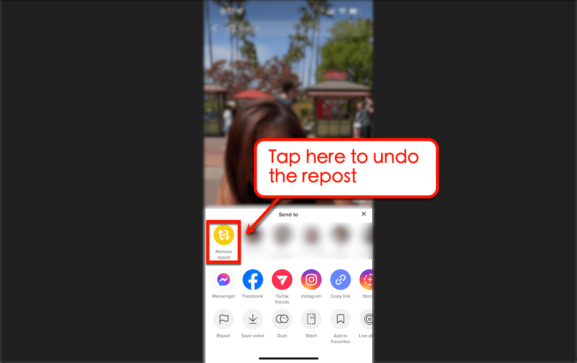 Screenshot of how to undo repost on TikTok