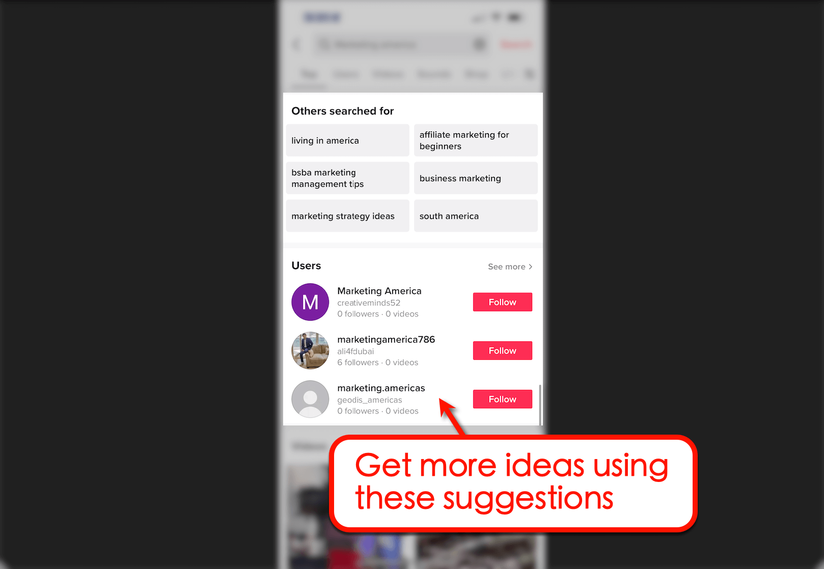Screenshot of more ideas in TikTok search