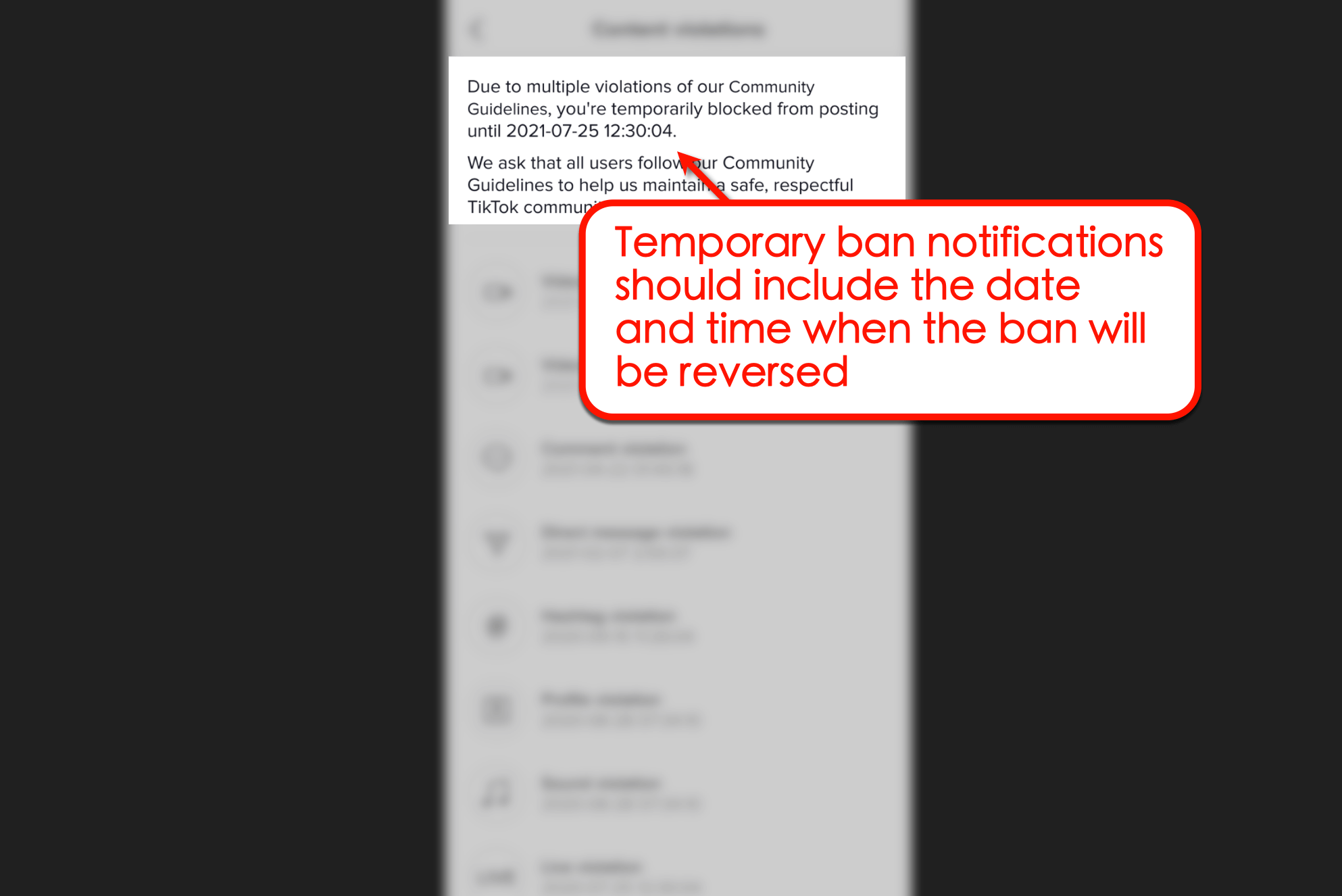 Temporary ban notification in TikTok