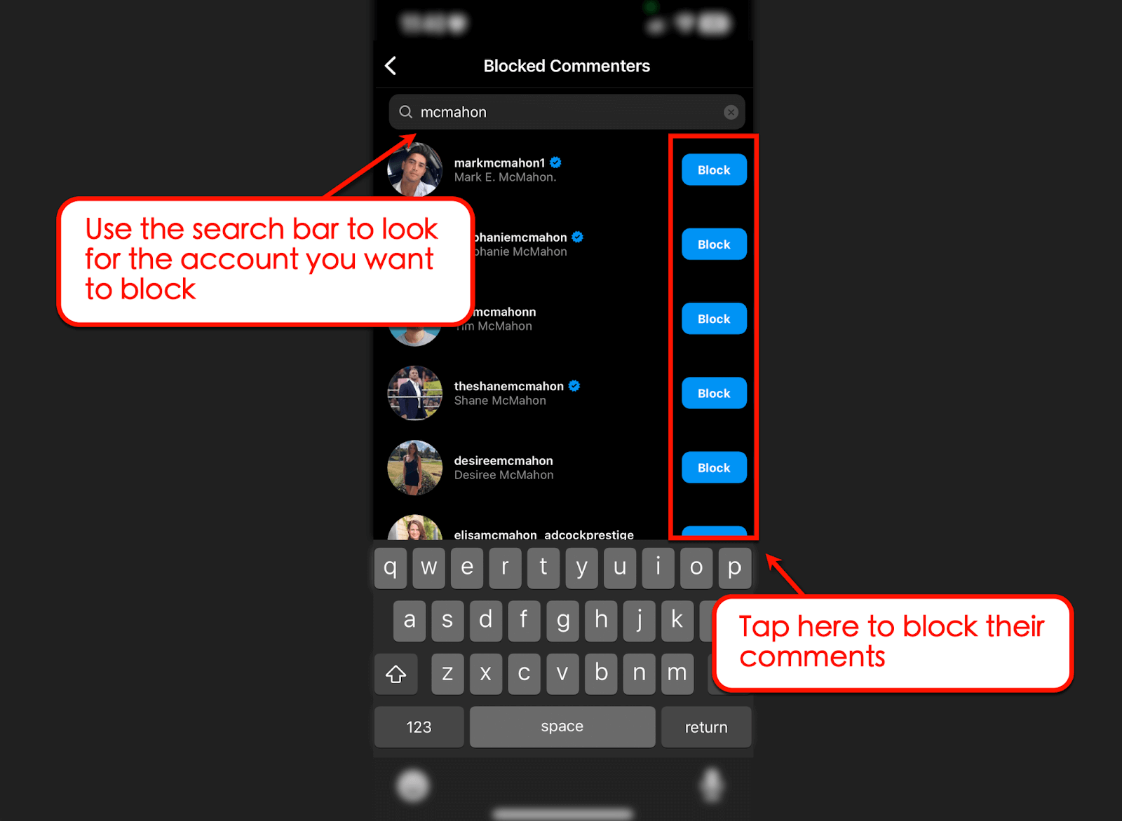 Search for the profile to block