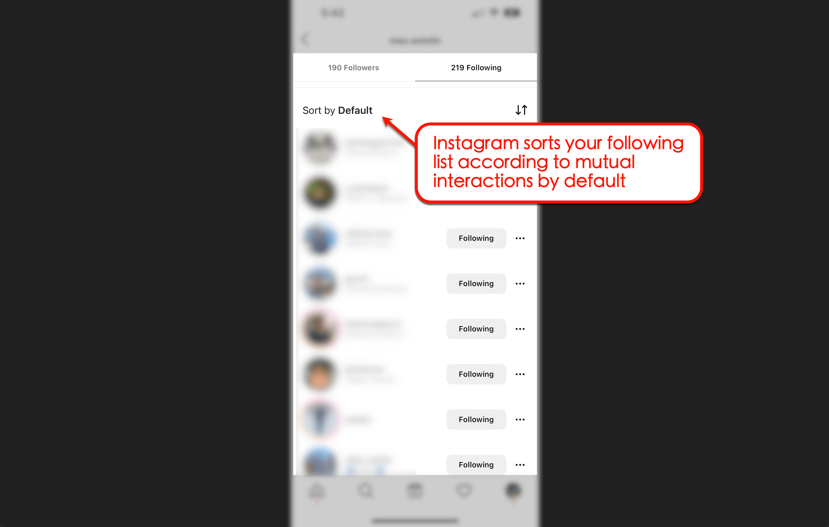 Instagram sorting following list by mutual interactions