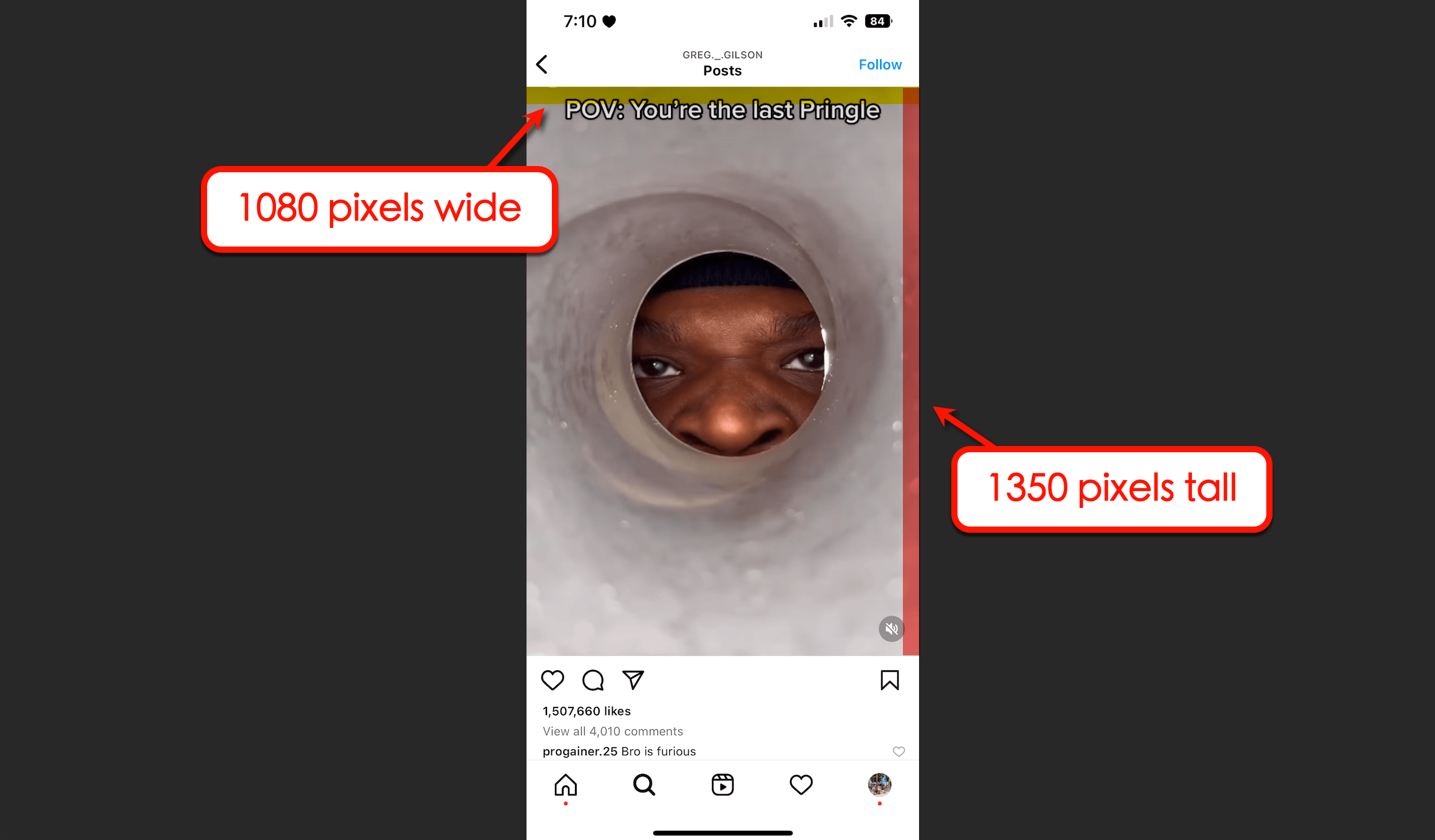 Instagram Reels feed view aspect ratio: 1080 pixels x 1350 pixels