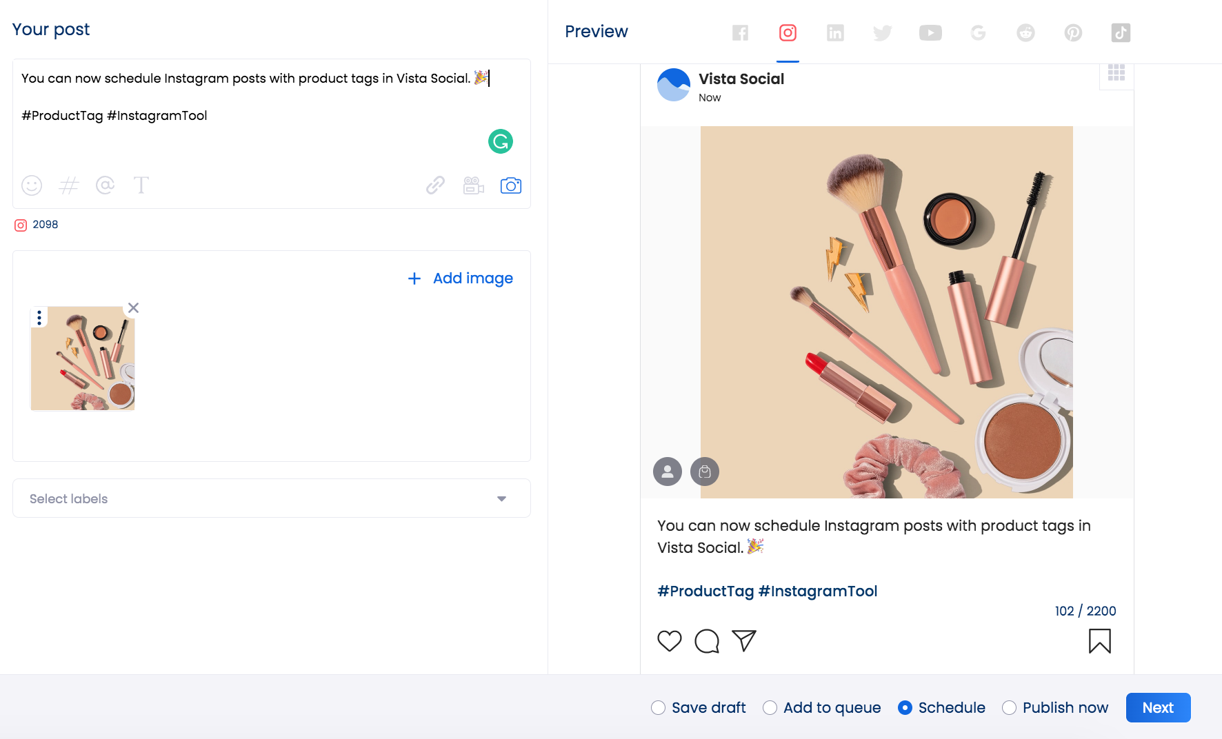 Schedule Instagram posts with product tags in Vista Social