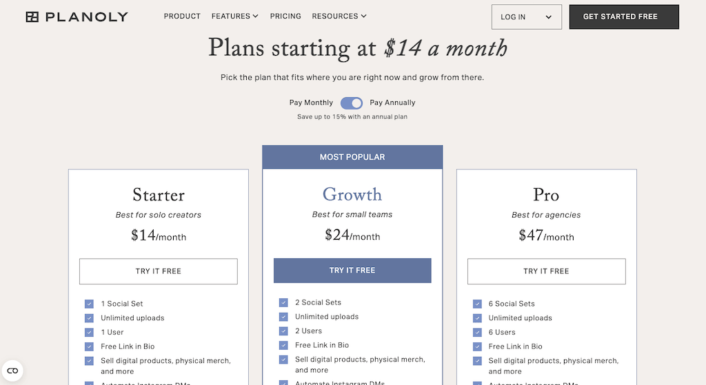 The pricing plan selection page for Planoly showing Starter, Growth, and Pro subscription tiers.