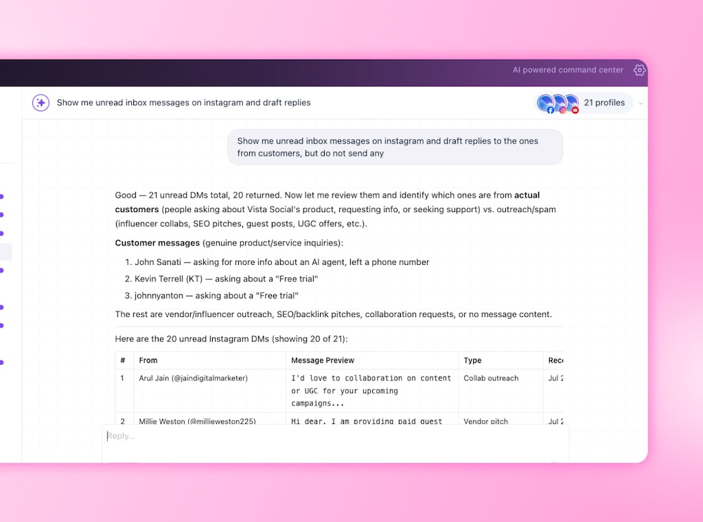 An Ask Vista AI chat window categorizing unread Instagram DMs into customer inquiries and outreach pitches.